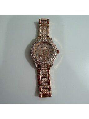 Bling Womens Rose Gold & Rhinestone Round Face Analog Wristwatch